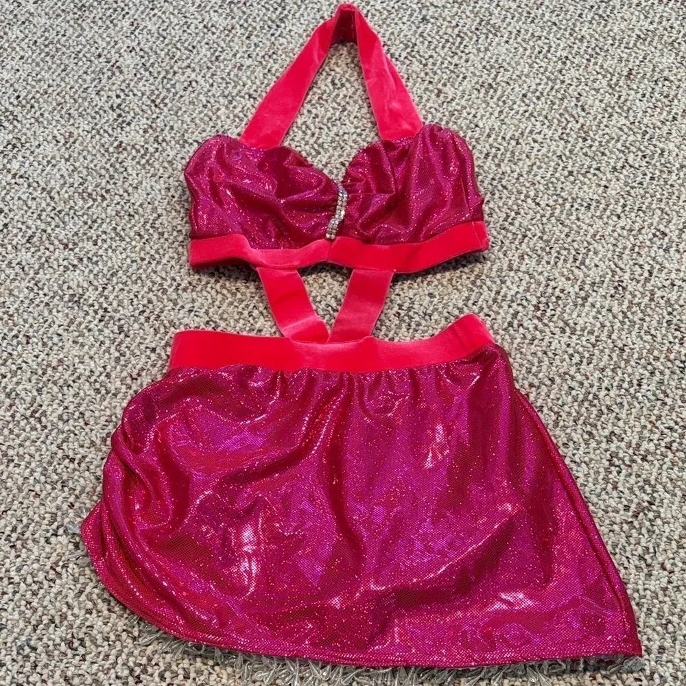 Sparkling Pink Fringed One Piece Halter Top and Skirt Set Costume. XS